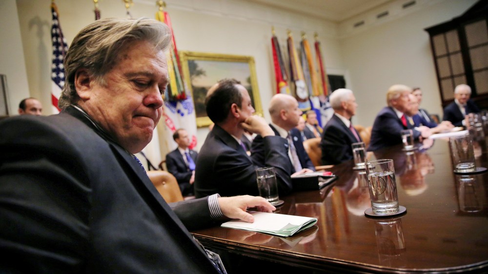 Image:  White House Chief Strategist Bannon attends a meeting between U.S. President Trump and congressional leaders in Washington