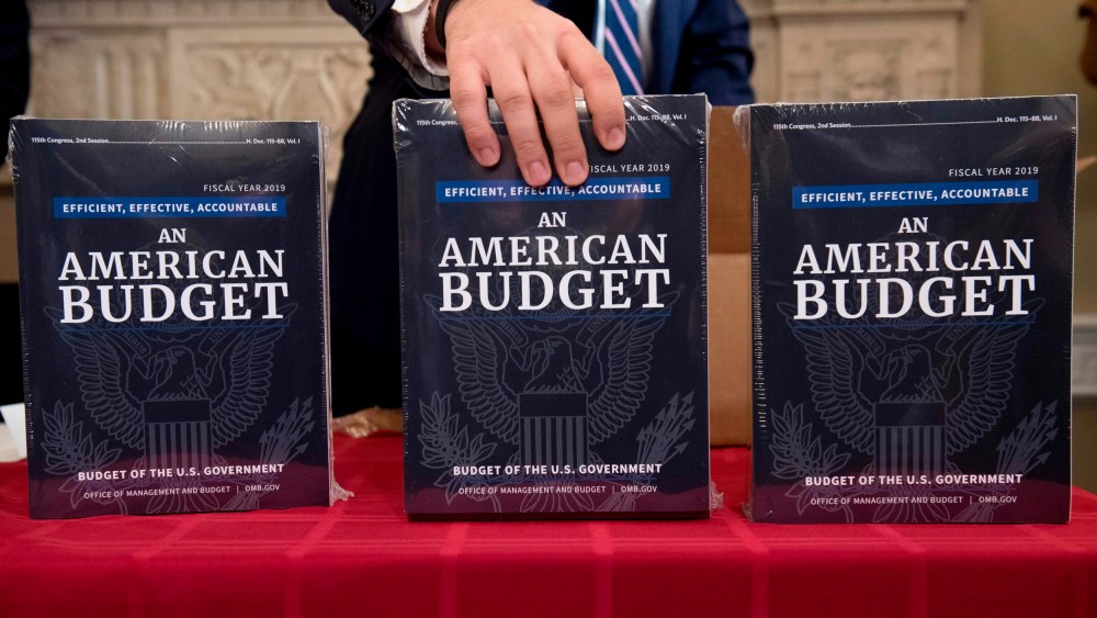 Image: A Congressional staff member delivers copies of the government budger