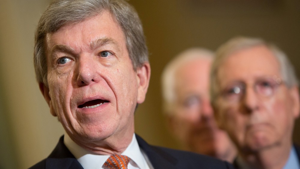 Image: Flanked by fellow Republicans, Sen. Roy Blunt (R-MO) speaks to Capitol Hill reporters following the Republicans' weekly policy luncheon in Washington