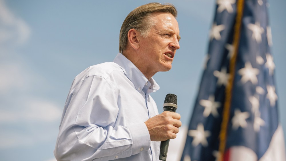 Representative Paul Gosar, a Republican from Arizona, speaks during a 'Road To Victory' bus tour stop with Kelli Ward,