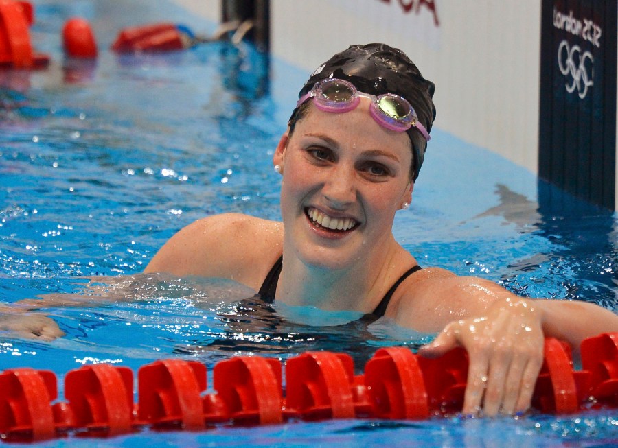 Missy Franklin of the U.S. reacts after winning the women's 100m backstroke final at the London 2012 Olympic Games