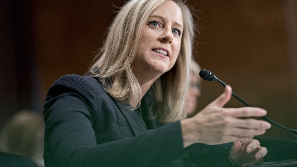 Image: Kathy Kraninger speaks during a Senate Banking Committee confirmation hearing in Washington on July 19, 2018.