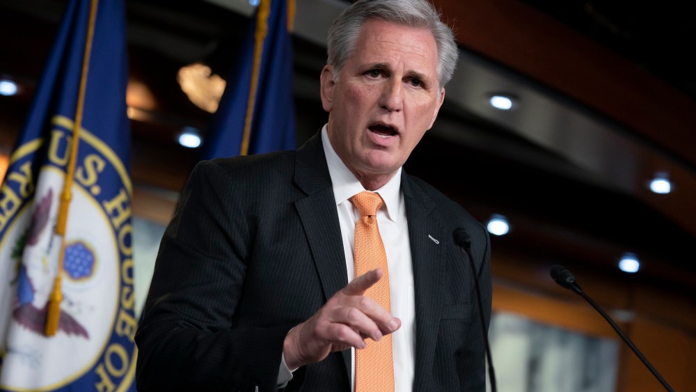 Image: House Minority Leader Kevin McCarthy, R-Calif., meets with reporters on Capitol Hill on Feb. 28, 2019.