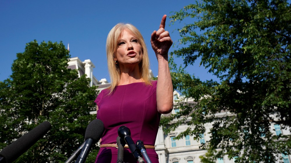 Image: Kellyanne Conway speaks to reporters at the White House in Washington