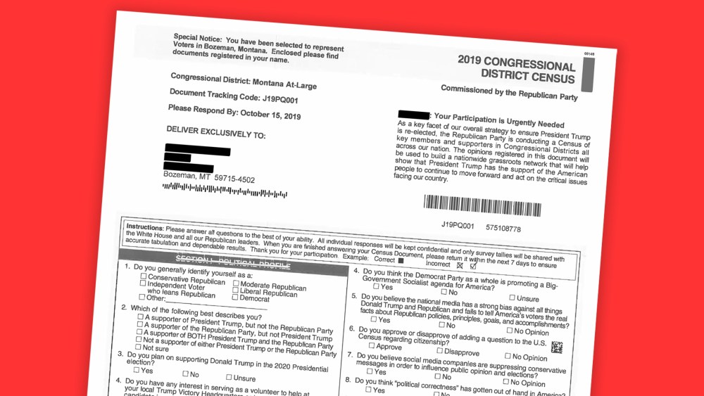 An "imitation census" mailed by the Republican National Committee to addresses in Bozeman, Montana that also solicits money for President Donald Trump's reelection.