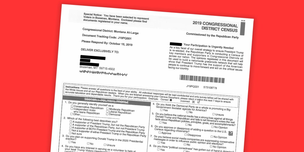 An "imitation census" mailed by the Republican National Committee to addresses in Bozeman, Montana that also solicits money for President Donald Trump's reelection.