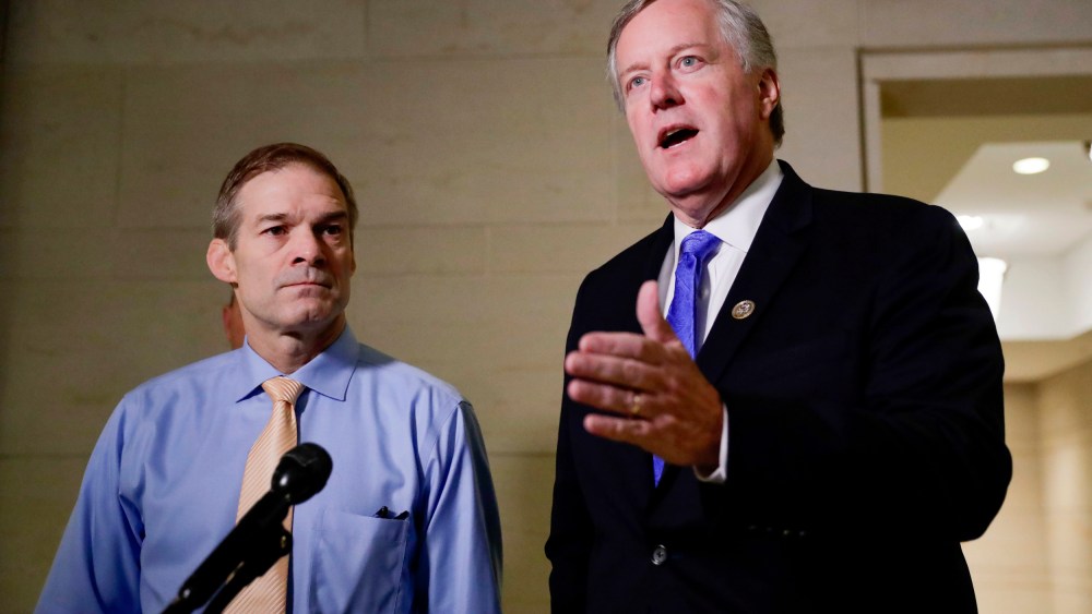 Image: Rep. Jim Jordan, R-Ohio, and Rep. Mark Meadows, R-N.C., speak to the media at the Capitol on Oct. 31, 2019.