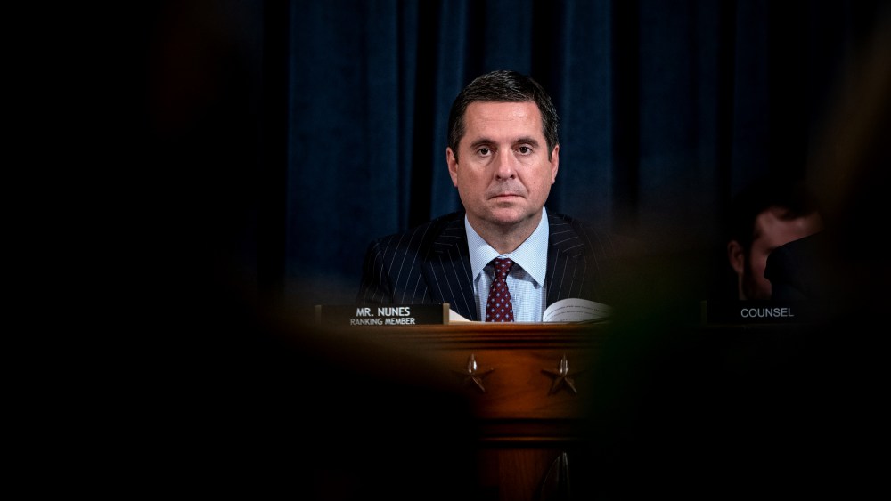 Image: Rep. Devin Nunes, R-CA, looks on during testimony at a House Intelligence Committee hearing on the impeachment inquiry into President Donald Trump on Nov. 20, 2019.