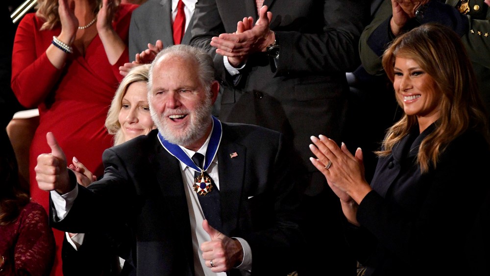 Image: Rush Limbaugh celebrates after he was awarded the Medal of Freedom by first lady Melania Trump at the State of the Union on Feb. 4, 2020.