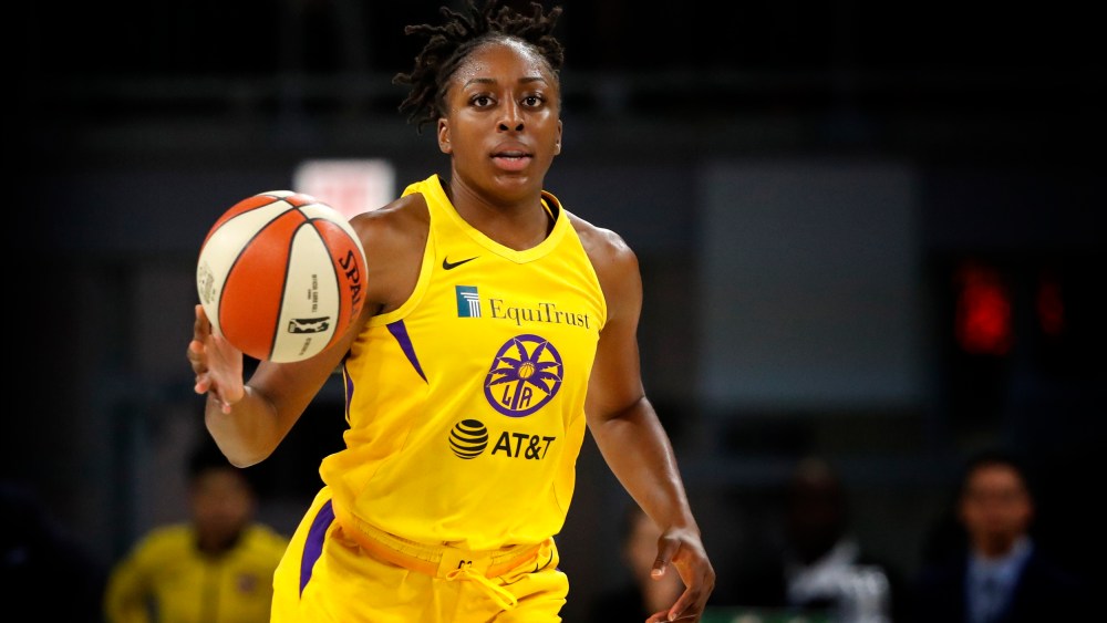Image: Los Angeles Sparks player Nneka Ogwumike dribbles the ball during a game against the Chicago Sky on Aug. 16, 2019.