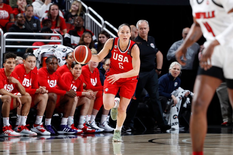 Image: Sue Bird dribbles the ball during a game between the U.S. Women's National team and Louisville Cardinals on Feb. 2, 2020.