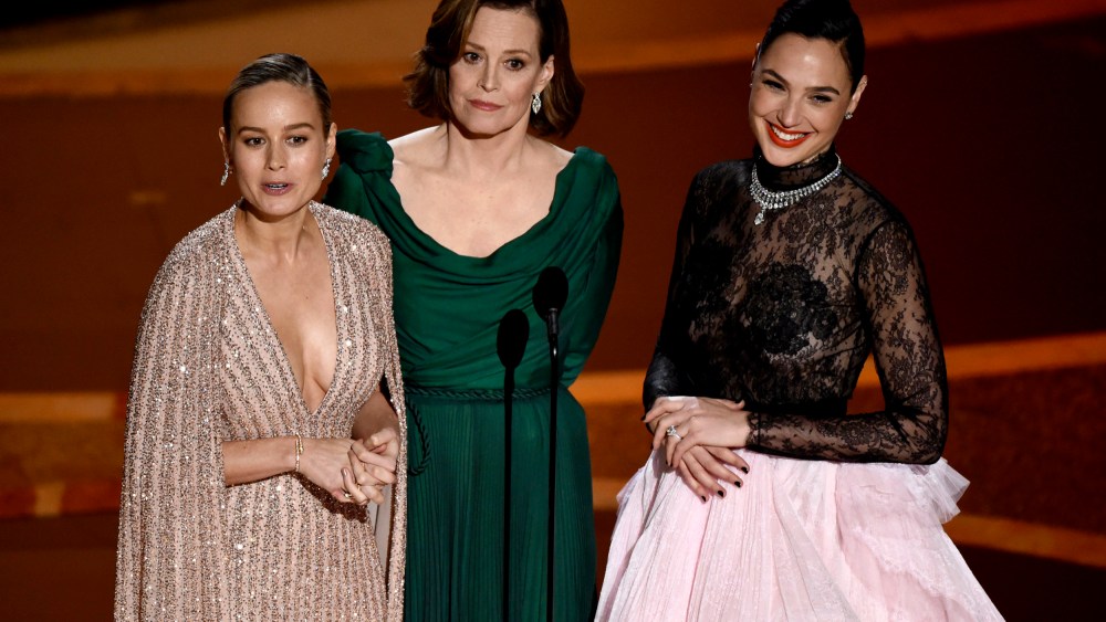 Image: Brie Larson, Sigourney Weaver and Gal Gadot speak at the 92nd Annual Academy Awards on Feb. 9, 2020.