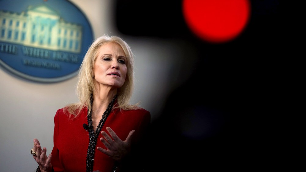Image: White House senior counselor Kellyanne Conway speaks to the media in the briefing room on Jan. 10, 2020.