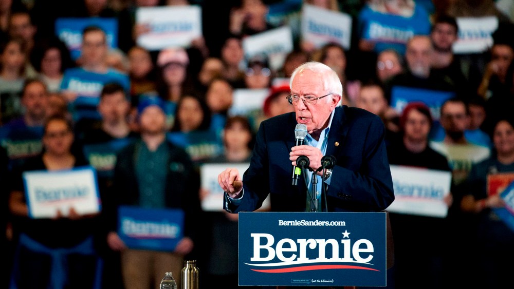Image: Democratic presidential candidate Vermont Senator Bernie Sanders addresses supporters during a campaign rally in Denver