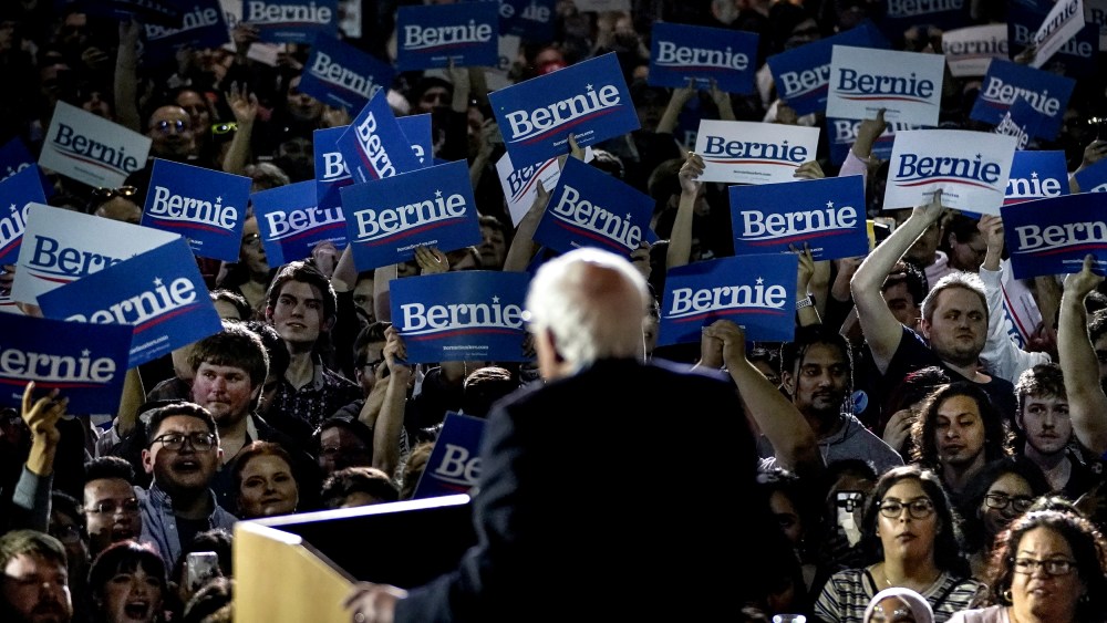 Image: Sen. Bernie Sanders, I-VT, speaks after winning the Nevada caucus while at a campaign stop in Texas on Feb. 22, 2020.