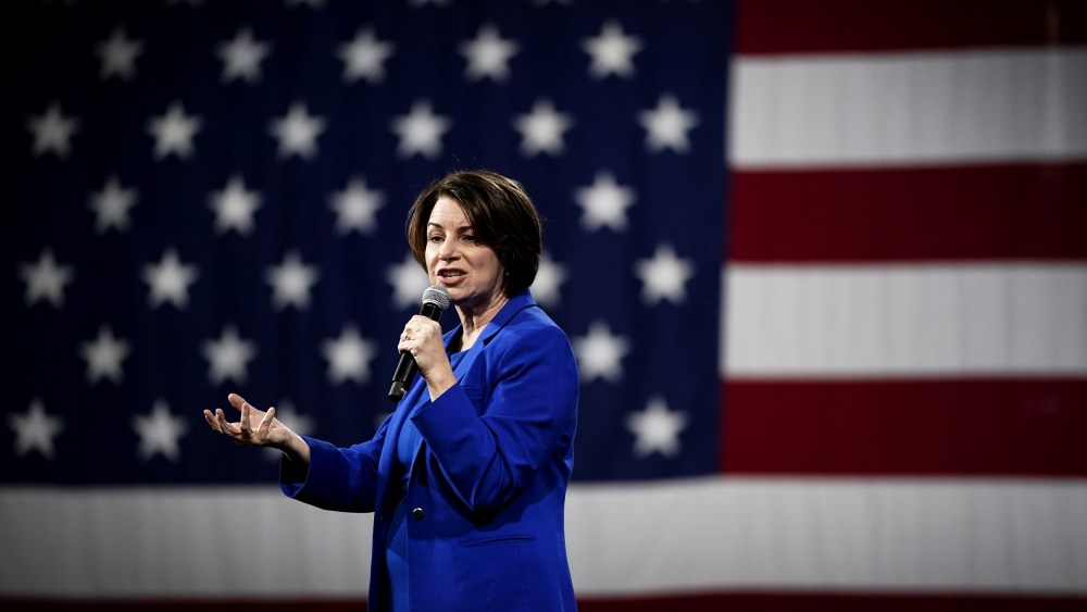 Image: Sen. Amy Klobuchar speaks at a forum in Concord, N.H., on Feb. 8, 2020.