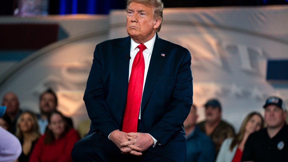 Image: President Donald Trump listens during a FOX News Channel town hall at the Scranton Cultural Center