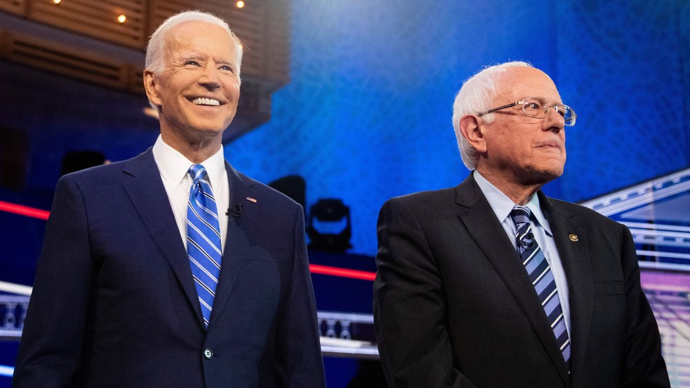 Image: Democratic presidential hopefuls Joe Biden and Bernie Sanders participate in the second Democratic primary debate at the Adrienne Arsht Center for the Performing Arts in Miami, Florida.