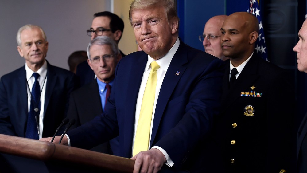 Image: President Donald Trump speaks about the COVID-19 (coronavirus) alongside members of the Coronavirus Task Force in the Brady Press Briefing Room at the White House