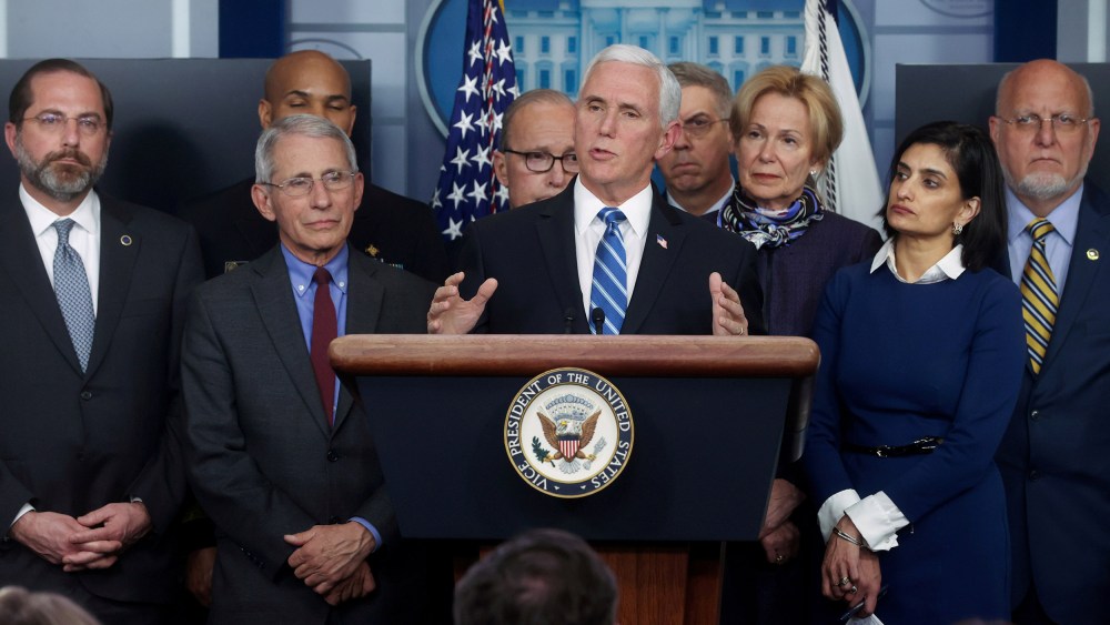 Image: Vice President Mike Pence addresses reporters during his daily Coronavirus Task Force news briefing at the White House