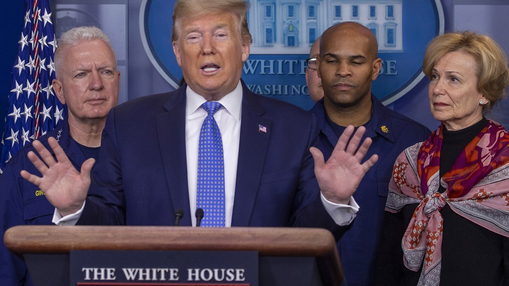 Image: President Donald Trump speaks to the media in the press briefing room at the White House
