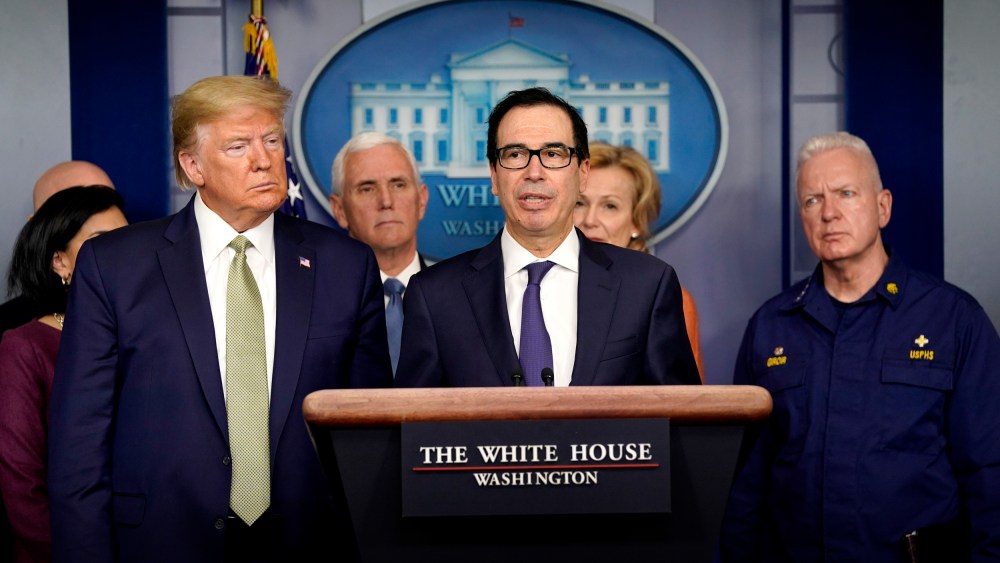 Image: Treasury Secretary Steve Mnuchin speaks at a press briefing at the White House on March 17, 2020.