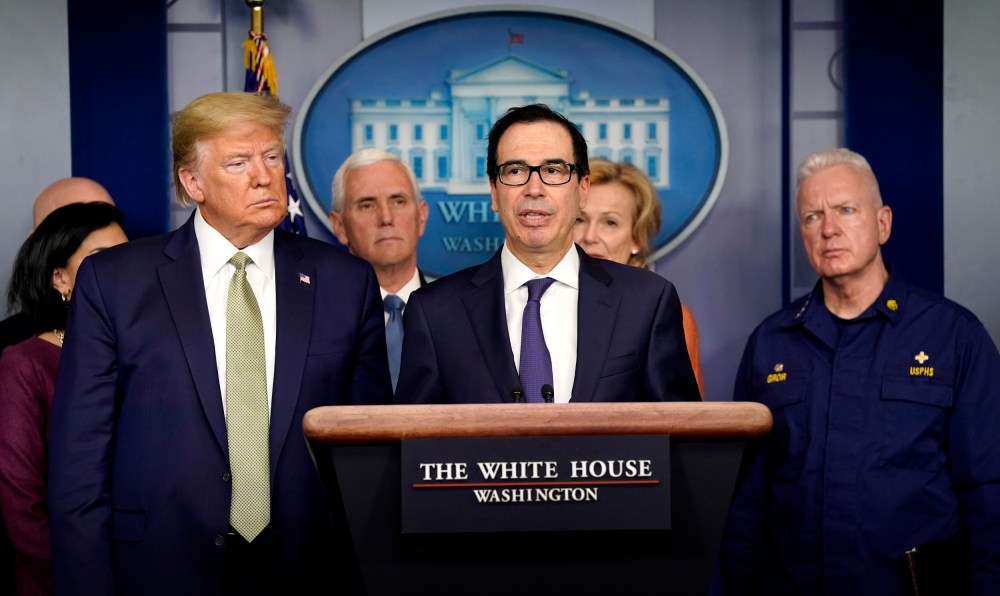 Image: Treasury Secretary Steve Mnuchin speaks at a press briefing at the White House on March 17, 2020.