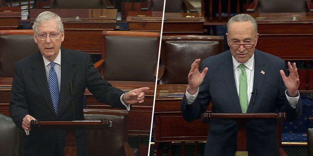 Senate Majority Leader Mitch McConnell, left, and Senate Minority Leader Chuck Schumer speak on Capitol Hill on March 23, 2020.