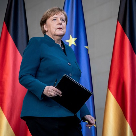 Image: German Chancellor Angela Merkel arrives for a media statement on the spread of coronavirus at the Chancellery in Berlin, Germany