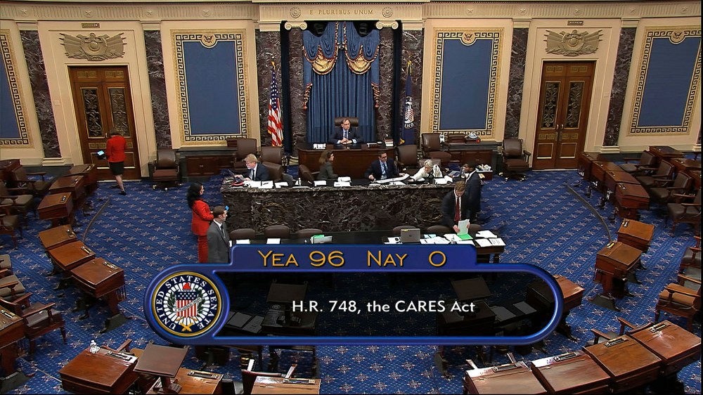 Image: The final vote of 96-0 shows passage of the $2.2 trillion economic rescue package in response to coronavirus pandemic, passed by the Senate at the U.S. Capitol