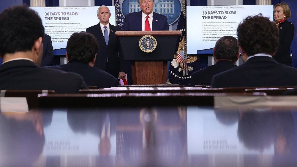 Image: President Donald Trump speaks during the daily coronavirus task force briefing in the Brady Briefing room at the White House
