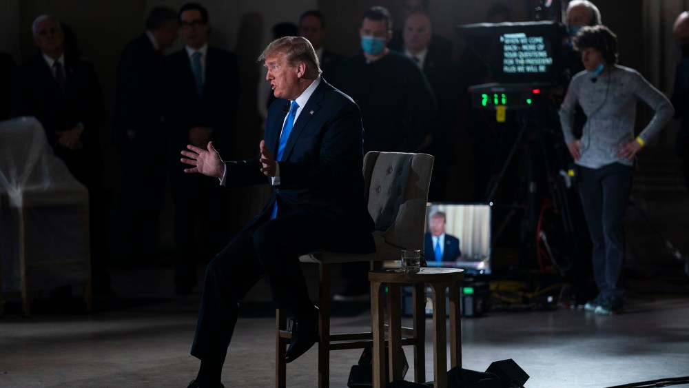 Image: President Donald Trump speaks during a Fox News virtual town hall from the Lincoln Memorial