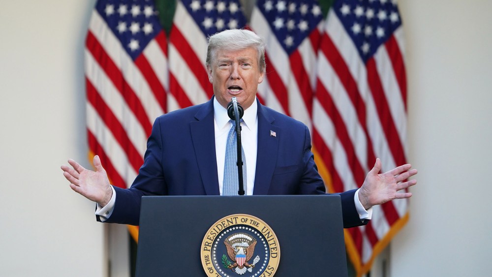Image: President Donald Trump gestures as he speaks during the daily briefing on the novel coronavirus, which causes COVID-19, in the Rose Garden of the White House