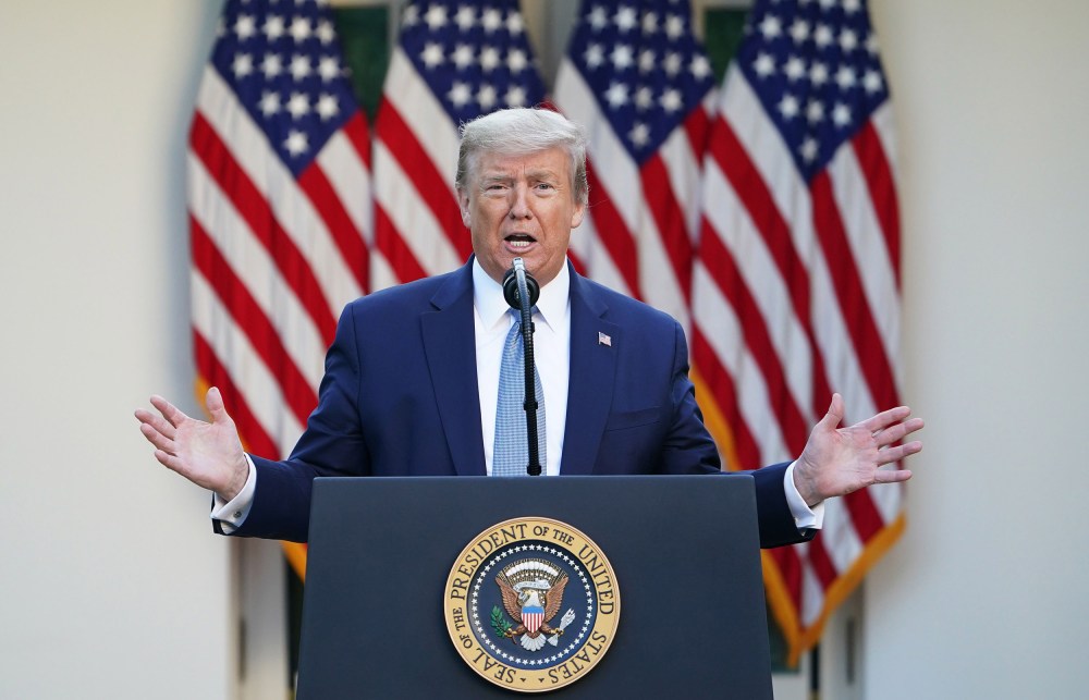 Image: President Donald Trump gestures as he speaks during the daily briefing on the novel coronavirus, which causes COVID-19, in the Rose Garden of the White House