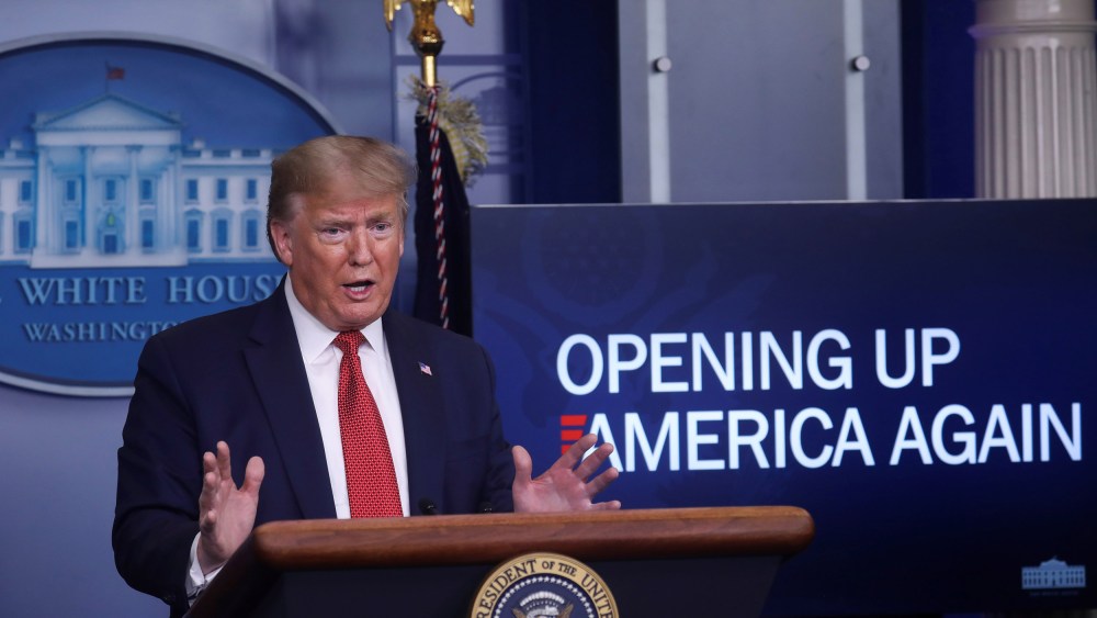 Image: President Donald Trump answers questions about his administration's plans for "Opening Up America Again" during the daily coronavirus task force briefing at the White House