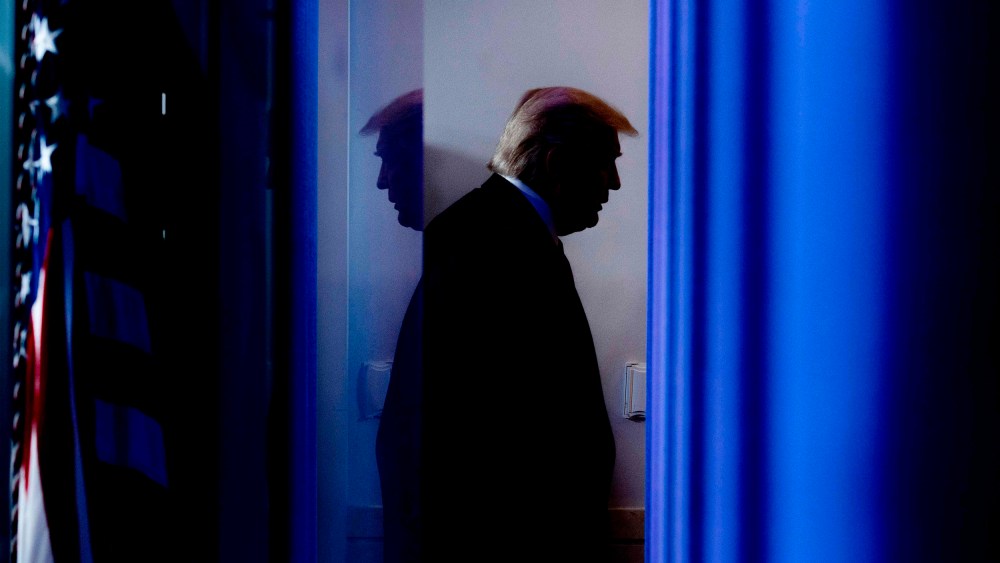 Image: President Donald Trump leaves the briefing room at the White House on April 17, 2020.