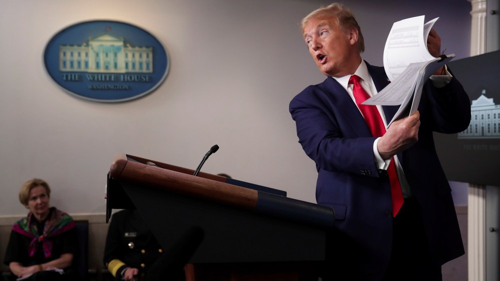Image: President Trump leads daily coronavirus response briefing at the White House in Washington