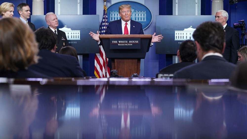 Image: President Donald Trump speaks during the daily briefing on the novel coronavirus, which causes COVID-19, in the Brady Briefing Room of the White House