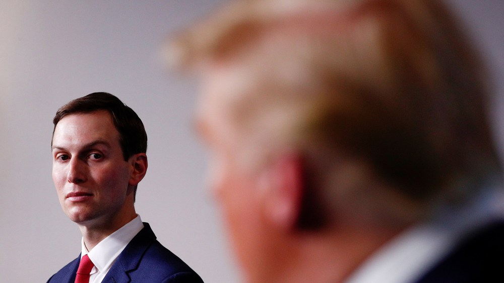 Image: White House senior adviser Jared Kushner looks on as President Donald Trump leads the daily coronavirus response briefing at the White House