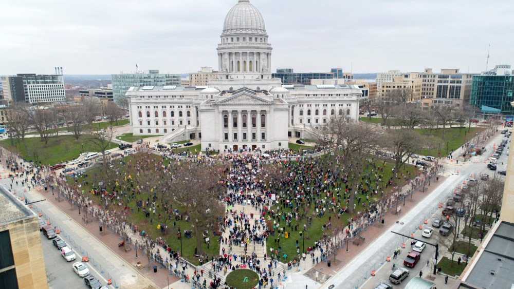 Image: Protesters against the state's extended stay-at-home order demonstrate in Madison