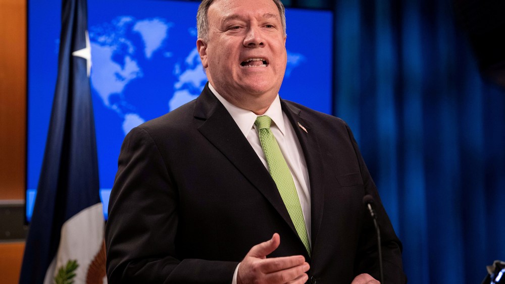 Image: Secretary of State Mike Pompeo speaks to the media at the State Department in Washington
