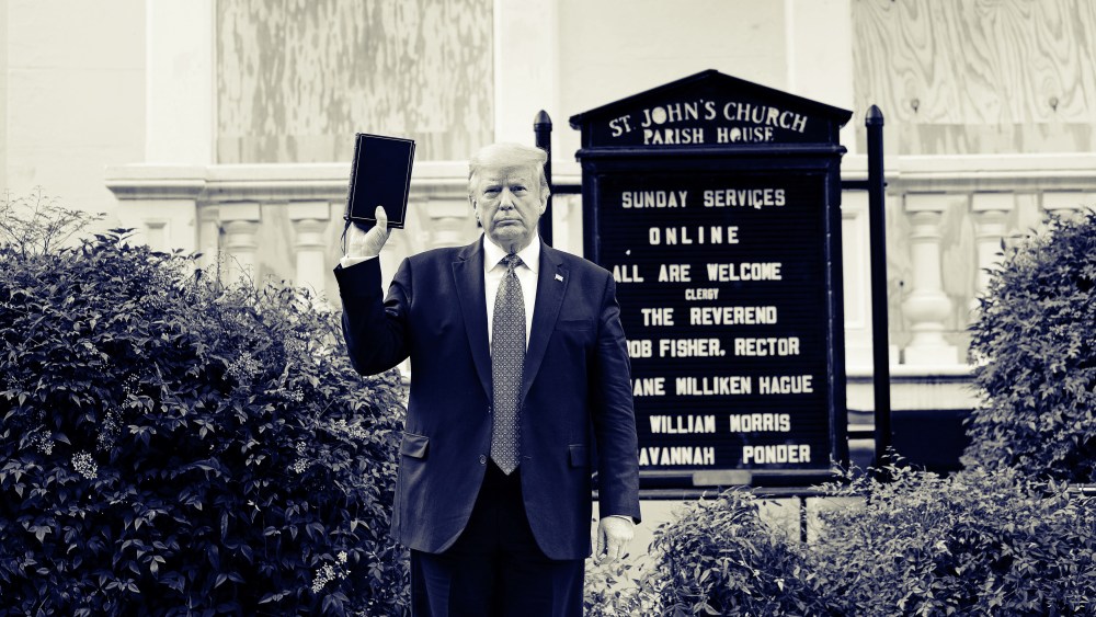 President Donald Trump holds a Bible while visiting St. John's Church across from the White House after the area was cleared of protesters on June 1, 2020.