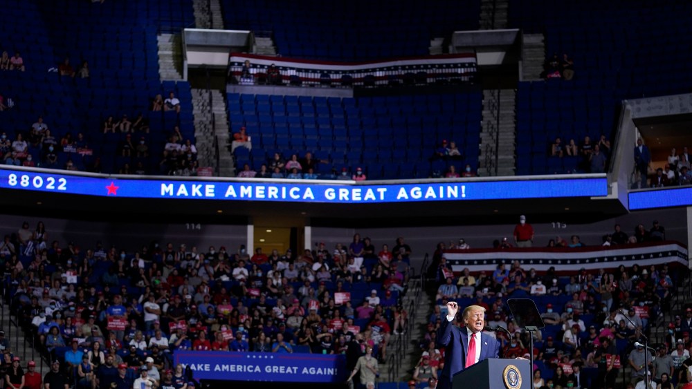Image: President Donald Trump speaks during a campaign rally at the BOK Center, Saturday, June 20, 2020, in Tulsa, Okla.