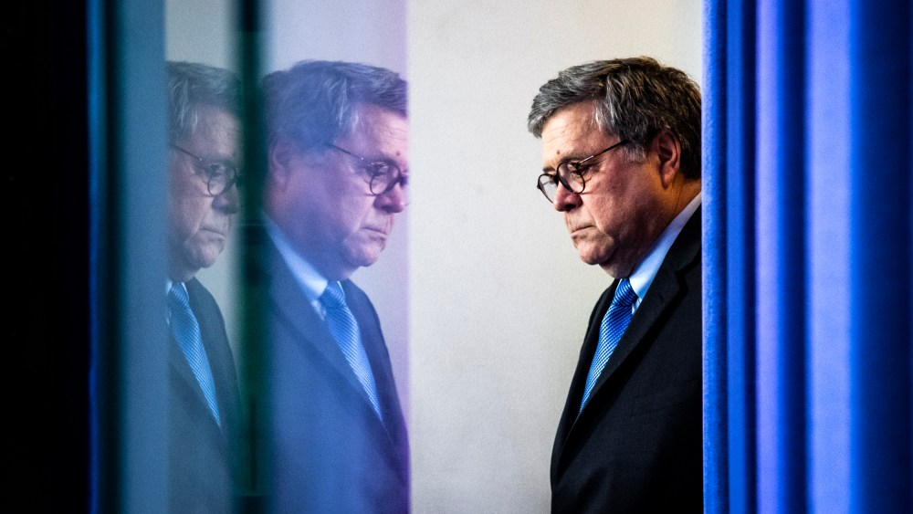 Image: Attorney General William Barr arrives for a news conference at the White House on April 1, 2020.
