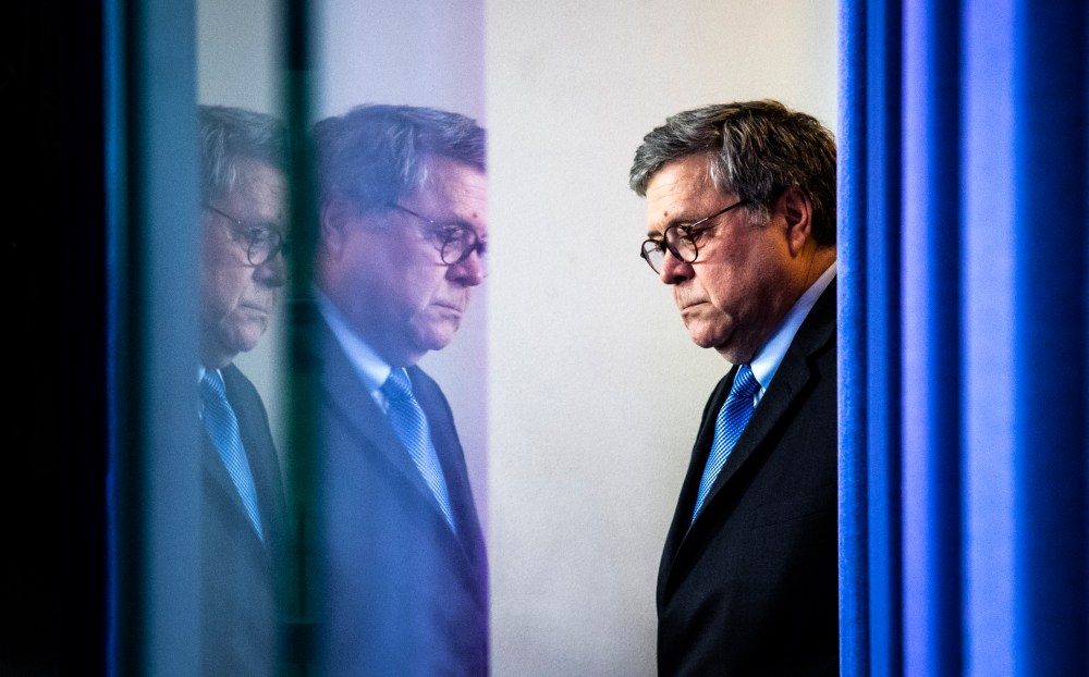 Image: Attorney General William Barr arrives for a news conference at the White House on April 1, 2020.