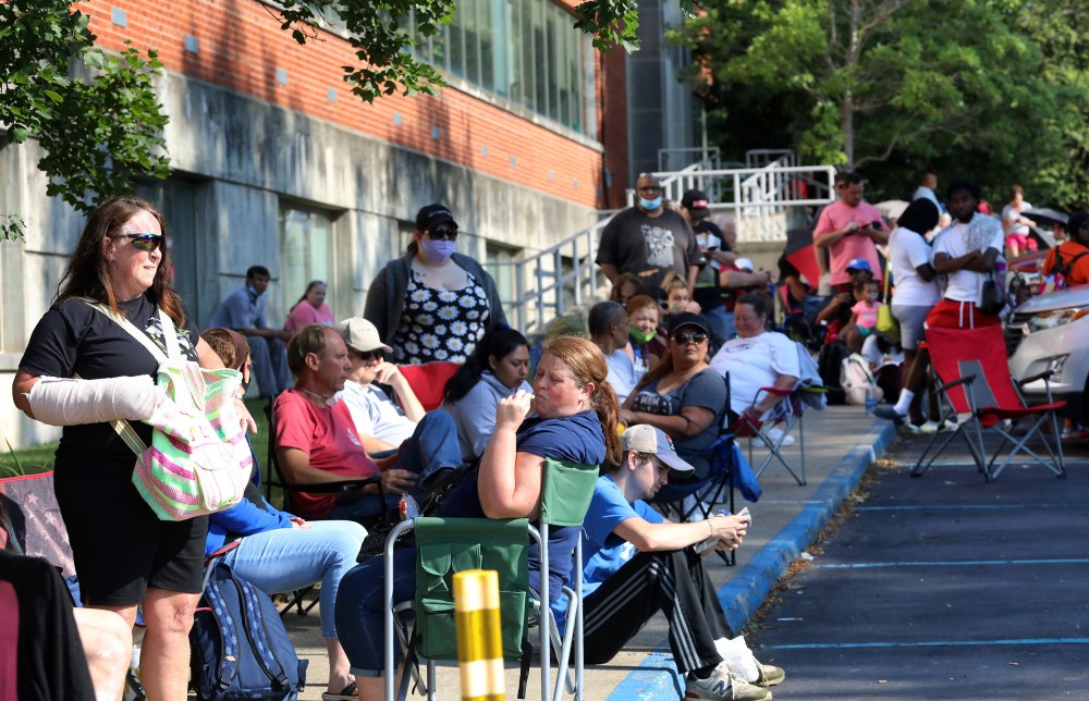 Image: People Wait In Line To File For Unemployment Benefits In Frankfort, Kentucky