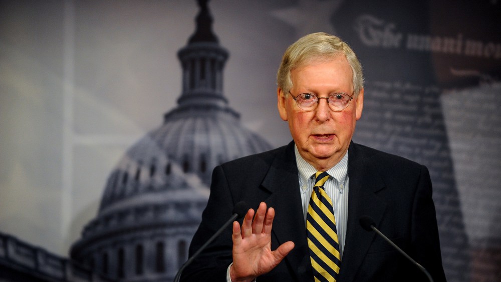 U.S. Senate Majority Leader Mitch McConnell speaks to the media in Washington, D.C., on March 22, 2020.