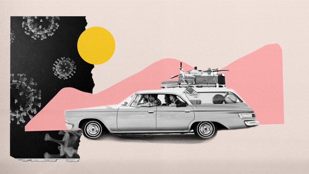 Image: Vintage car with suitcases travels through pink mountain shapes as coronavirus pores loom ahead.
