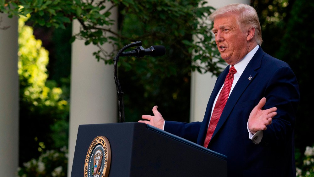 Image: President Donald Trump attends a press conference in the Rose Garden of the White House on July 14, 2020.