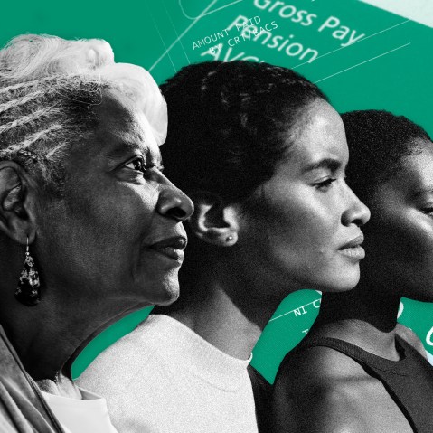 Image: Three Black women with a background of paystubs and paychecks and a downward facing line graph.